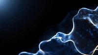 Glowing blue digital particle wave forming abstract human face profile against dark background, representing artificial intelligence or digital consciousness.