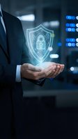 Businessman holding glowing holographic shield with padlock icons in hands against blurred server room background, representing cybersecurity, data protection, and digital safety solutions.