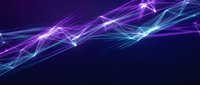 Abstract digital network with glowing purple and blue light trails creating dynamic energy waves on dark background for technology presentations.