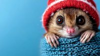 Small adorable rodent wearing red knitted winter hat peeking over blue textured fabric against bright blue background for holiday greeting cards.
