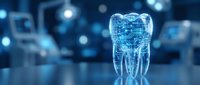 Digital tooth hologram with circuit patterns in modern dental clinic for technology healthcare and medical innovation concepts.