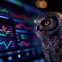 Owl with golden eye watching financial market charts and graphs on digital display screen, symbolizing wisdom in investment and trading decisions.