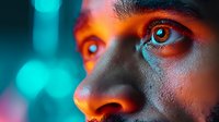 Close up portrait with dramatic neon lighting showing intense eye detail and facial features illuminated by vibrant orange and turquoise colors against dark background.