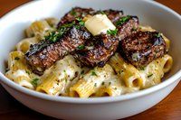 Grilled steak medallions on creamy rigatoni pasta garnished with fresh herbs and melting butter pat in white ceramic bowl, rich restaurant presentation.