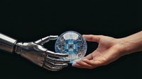 Robotic hand and human hand exchanging glowing digital globe with circuit board pattern against dark background, representing technology transfer, artificial intelligence collaboration, and future innovation.