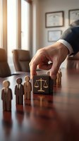 Professional hand selecting wooden block with justice scales symbol from row of business figures in modern law office environment for legal consultation concepts.
