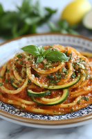 Zucchini noodles with tomato sauce and fresh basil in decorative bowl, healthy low-carb pasta alternative for Mediterranean diet and vegetarian cuisine.