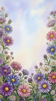 Watercolor floral frame with purple and pink wildflowers on soft pastel background for spring greeting cards and wedding invitations.