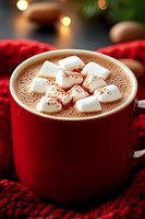 Hot chocolate with marshmallows in red mug on cozy knitted scarf with warm bokeh lights creating festive winter atmosphere for holiday beverages and comfort drinks.