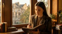 Young professional woman writing in notebook at wooden desk by window with warm natural light and urban view for productivity and planning concepts.