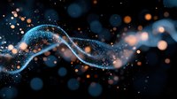 Glowing blue wave with orange bokeh lights on dark background creates magical atmosphere. Abstract flowing energy design for modern tech concepts.