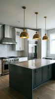 Modern kitchen interior with white cabinets, dark green island, brass pendant lights, subway tile backsplash and stainless steel appliances for home design.