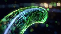 Glowing digital wave with green and blue binary code pattern floating in dark space, abstract technology background with bokeh light effects.