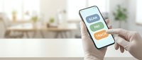 Hand holding smartphone with scan pay track buttons on screen for mobile payment and delivery tracking in modern kitchen interior.