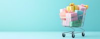 Shopping cart filled with pastel colored gift boxes wrapped with golden ribbons against mint green background, minimal holiday shopping concept.