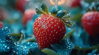 Fresh ripe strawberry with water drops and morning dew against blurred turquoise background. Natural organic produce with dramatic lighting.