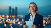 Young blonde businesswoman in navy suit holding notepad against blurred city lights and evening skyline background with bokeh effect. Professional corporate portrait.