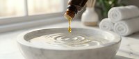 Honey dripping from wooden dipper into white marble bowl creating ripples on bright spa table with rolled towels and natural window light for wellness.