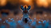 Young zebra foal portrait with distinctive black and white stripes emerging from blue wildflowers during golden hour sunset lighting in African savanna habitat.