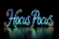 Glowing neon blue and turquoise Hocus Pocus text effect with light trails and magical sparkle elements on dark background, creating mystical Halloween atmosphere.