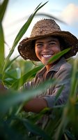 Happy Asian female farmer wearing straw hat smiling in green corn field during golden hour sunset for agricultural and farming concepts.