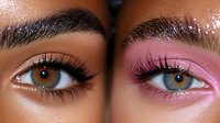 Close up of contrasting eye makeup styles showing brown and blue eyes with pink and neutral tones, long lashes, and defined brows for beauty and cosmetic advertising.