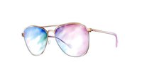 Stylish aviator sunglasses with gold metal frame and gradient blue-pink lenses on white background, isolated for fashion accessories advertising.