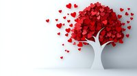 Red hearts forming tree canopy with white trunk on neutral background, symbolizing love, growth, and compassion for Valentine's Day, relationships, and charitable causes.