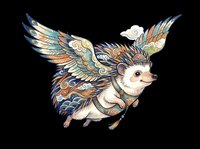 Ornate winged fox creature with decorative feather patterns in blue, gold, and orange tones, isolated on transparent background. Ready for t-shirt design, stickers, clipart, and print-on-demand products.