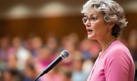 Senior Caucasian woman with silver hair and glasses speaking at podium with microphone, wearing pink sweater against blurred audience background. Professional public speaking.