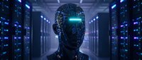 Futuristic AI robot head with glowing blue circuits in modern data center server room. Digital technology artificial intelligence concept for tech innovation.