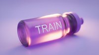 Glowing purple glass bottle with train text illuminated inside, neon light effect on soft gradient background for motivational wellness and fitness concepts.