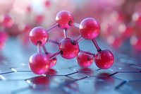 Pink molecular structure with spherical atoms and connecting bonds on reflective hexagonal surface against soft blue background. Scientific concept visualization.