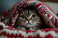 Adorable tabby kitten wrapped in cozy red knitted blanket with winter pattern. Cute domestic cat with big eyes hiding under warm textile for holiday comfort.
