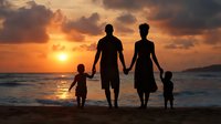 Silhouette of family with two children holding hands on beach at sunset, ocean waves reflecting golden sunlight against dramatic cloudy sky.