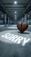 Cracked rusty metal heart sculpture in an empty warehouse with SORRY painted on concrete floor, conveying regret, heartbreak, and apology.