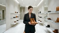 Woman in professional black blazer holding brown leather shoes in modern retail shoe store with white marble flooring and illuminated shelving displaying footwear collection.