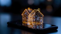 Glowing house-shaped object with sparkles on smartphone screen, creating magical illumination against dark background. Digital real estate concept.