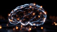 Glowing brain shape with luminous neural connections and orange light particles against dark background, representing artificial intelligence and cognitive science.
