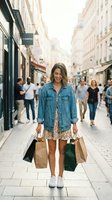 Young woman enjoying shopping day walking through busy pedestrian street carrying multiple bags wearing denim jacket and floral dress with sneakers.