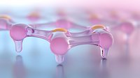 Molecular structure in pink and blue gradient background with glass-like translucent elements creating scientific abstract composition. Soft focus depth of field.