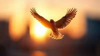 Majestic eagle soaring with outstretched wings against golden sunset sky, silhouette of powerful bird of prey in flight over blurred cityscape background.