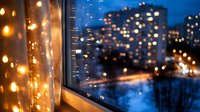 Cozy evening cityscape through window with rain drops and bokeh lights, white curtain creating dreamy atmosphere. Urban nighttime view with glowing buildings and street lights.