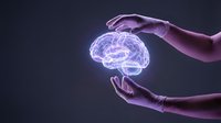 Protective hands surrounding glowing purple brain with neural networks on dark background representing mental health care and cognitive protection.