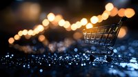 Shopping cart on dark glittery surface with golden bokeh lights creating magical holiday atmosphere, concept of retail and e-commerce business.