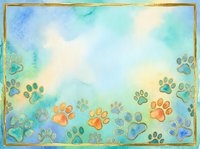 Watercolor paw prints in gold and orange scattered across soft blue, turquoise and yellow gradient background with gold frame border, suitable for pet-related designs.
