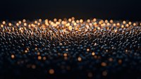 Dark spherical beads with golden bokeh lights creating magical atmosphere on black background, macro photography with selective focus and depth of field.