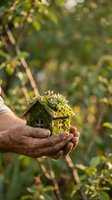 Hands holding moss-covered miniature house model in natural forest setting representing eco-friendly sustainable living and environmental protection concept.