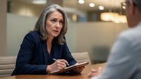 Mature woman with gray hair, Caucasian ethnicity, wearing dark blazer, holding tablet during professional business meeting or consultation in modern office environment.