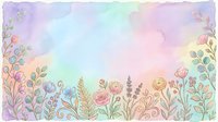 Soft pastel watercolor floral border with roses, lavender, and botanical elements on a dreamy rainbow gradient background for cards and invitations.